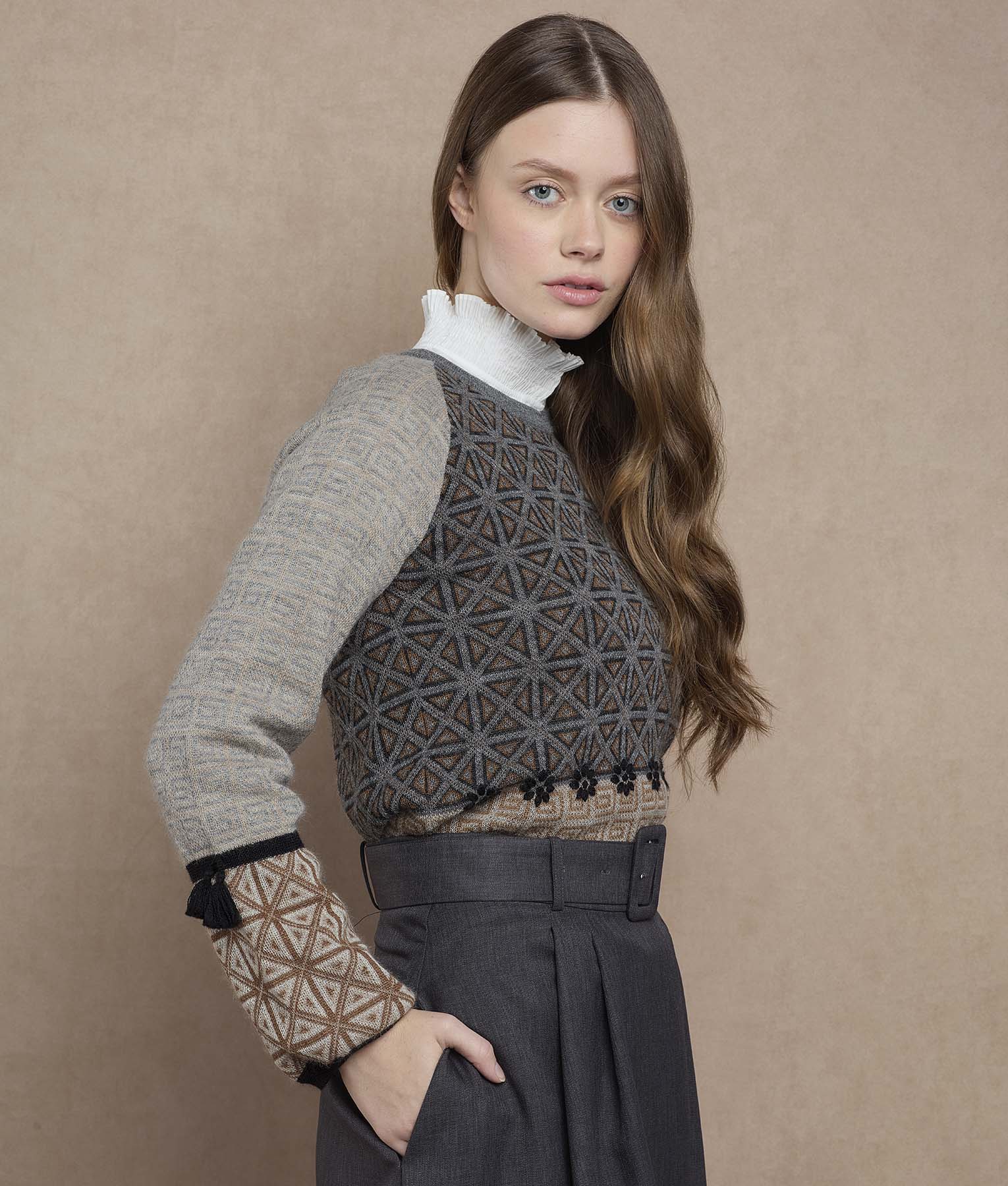 Jacquard Puffed Sleeves Sweater
