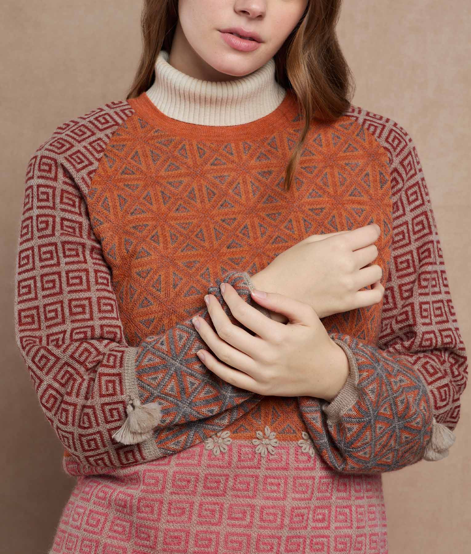 Jacquard Puffed Sleeves Sweater