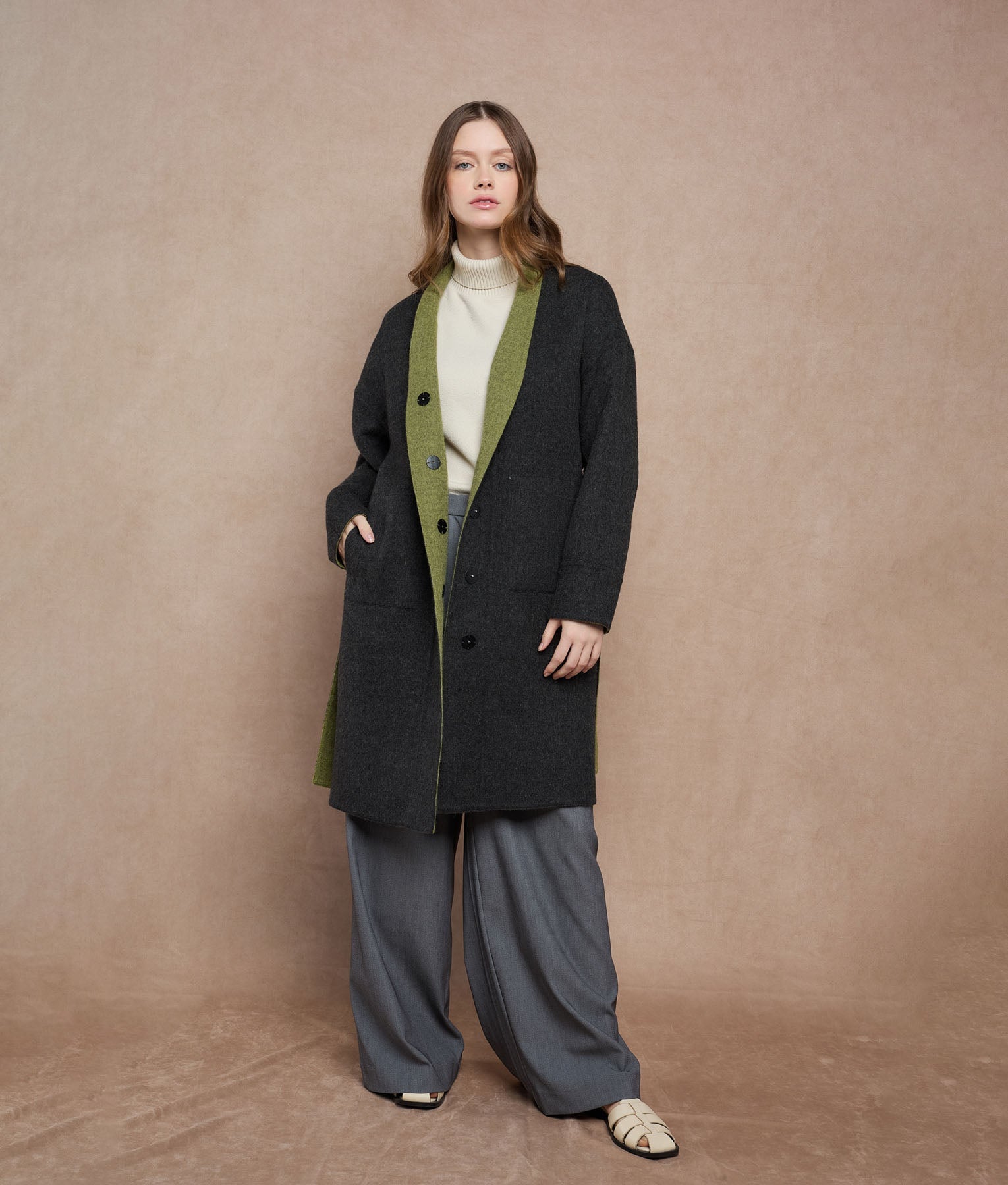 Reversible Buttons Up Wrap Coat - olive green and dark charcoal