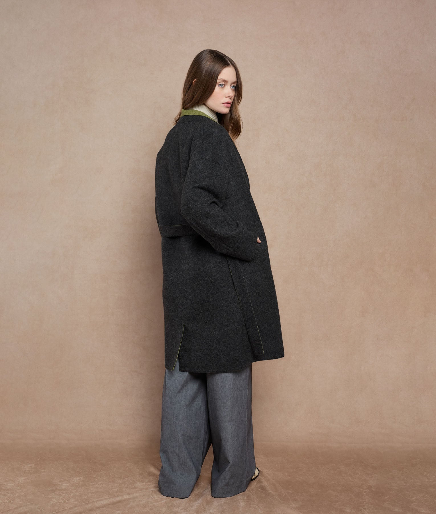 Reversible Buttons Up Wrap Coat - olive green and dark charcoal