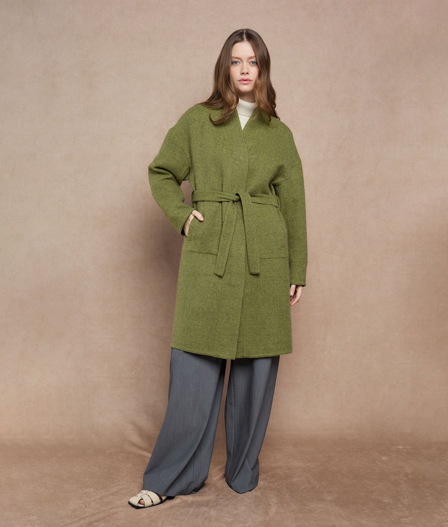 Reversible Buttons Up Wrap Coat - olive green and dark charcoal