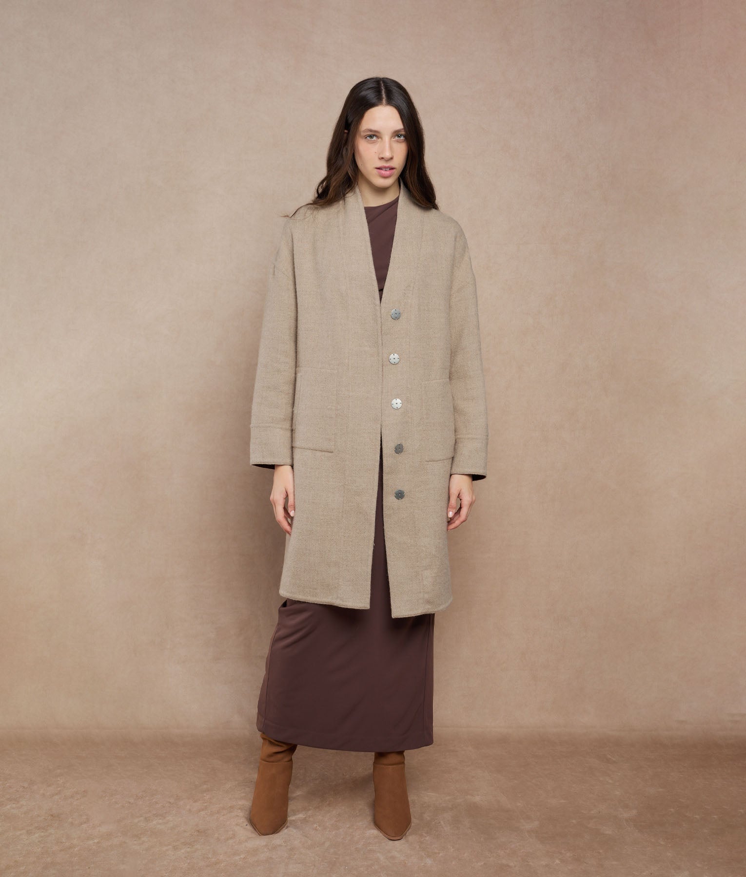 Reversible Buttons Up Wrap Coat - reddish brown and almond cream