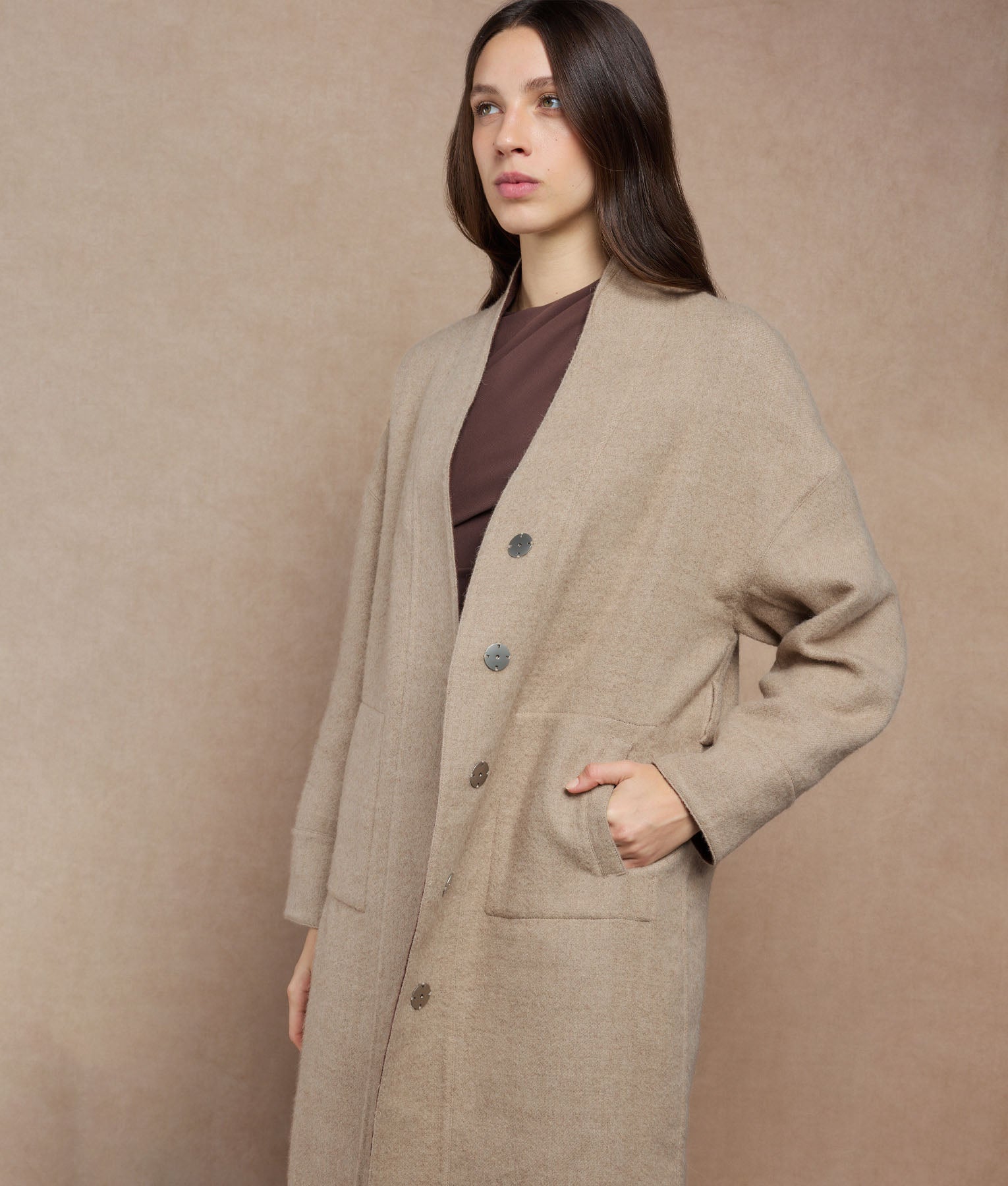 Reversible Buttons Up Wrap Coat - reddish brown and almond cream