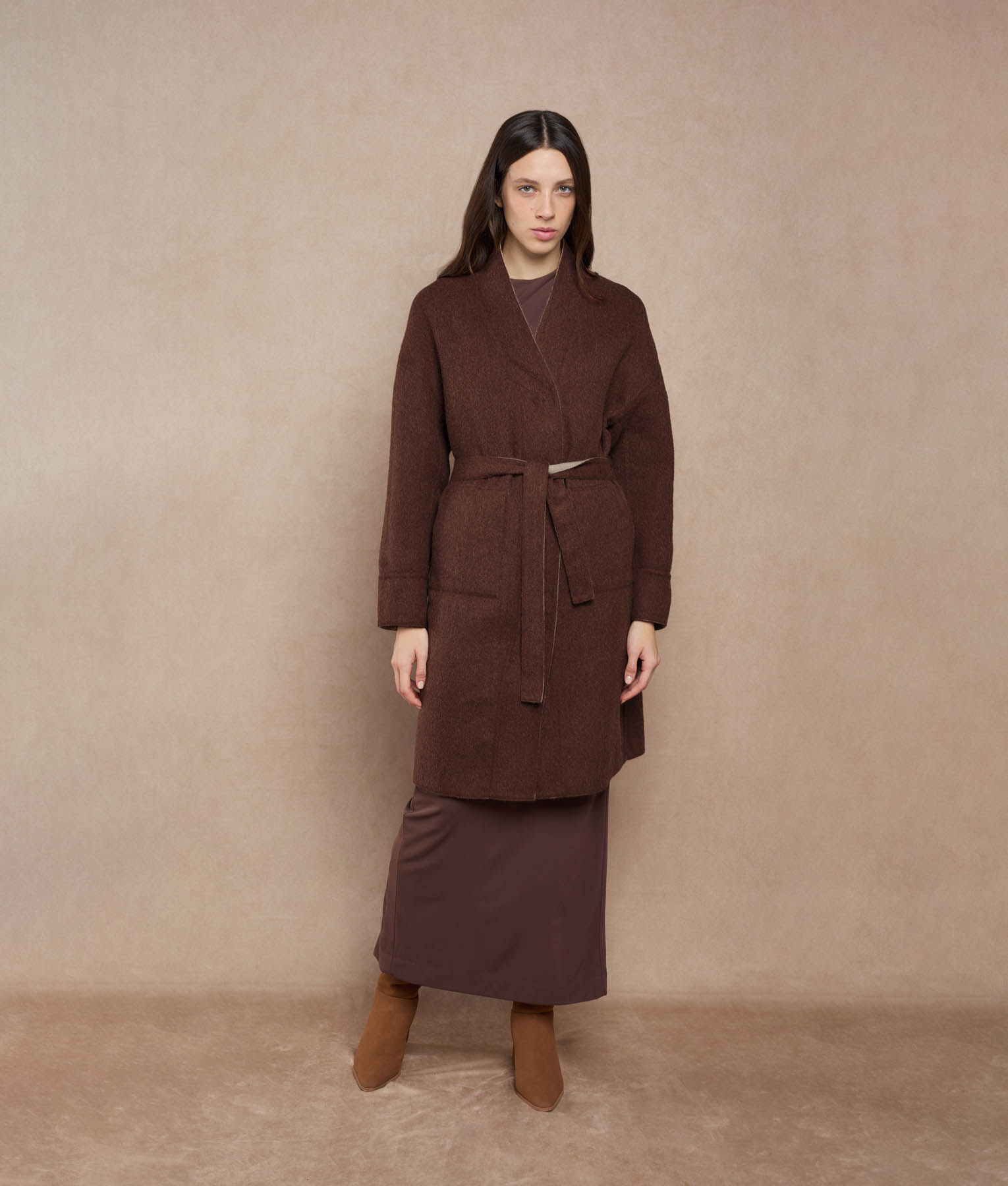 Reversible Buttons Up Wrap Coat - reddish brown and almond cream