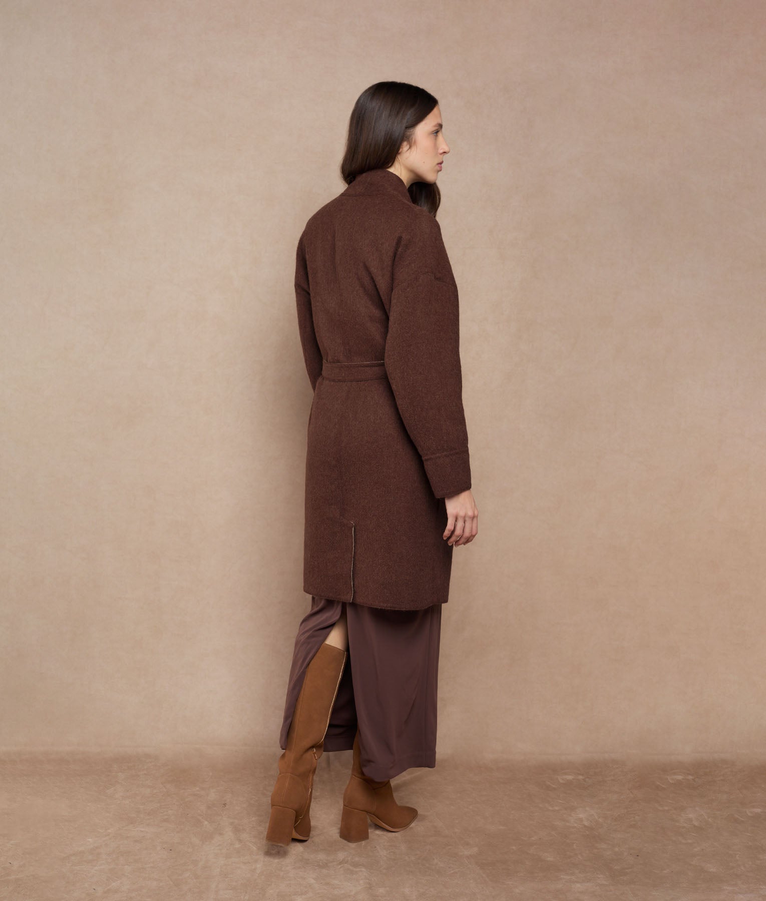 Reversible Buttons Up Wrap Coat - reddish brown and almond cream
