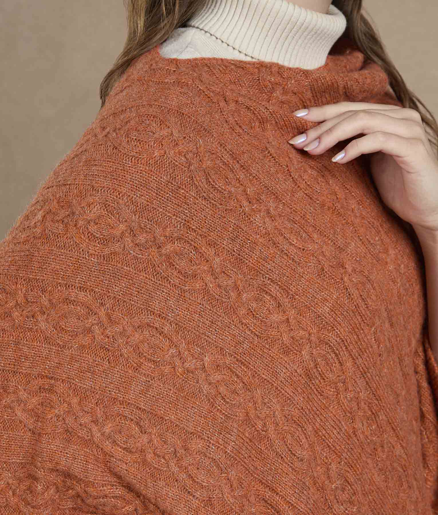 Diagonal Knit Poncho - Burnt Orange
