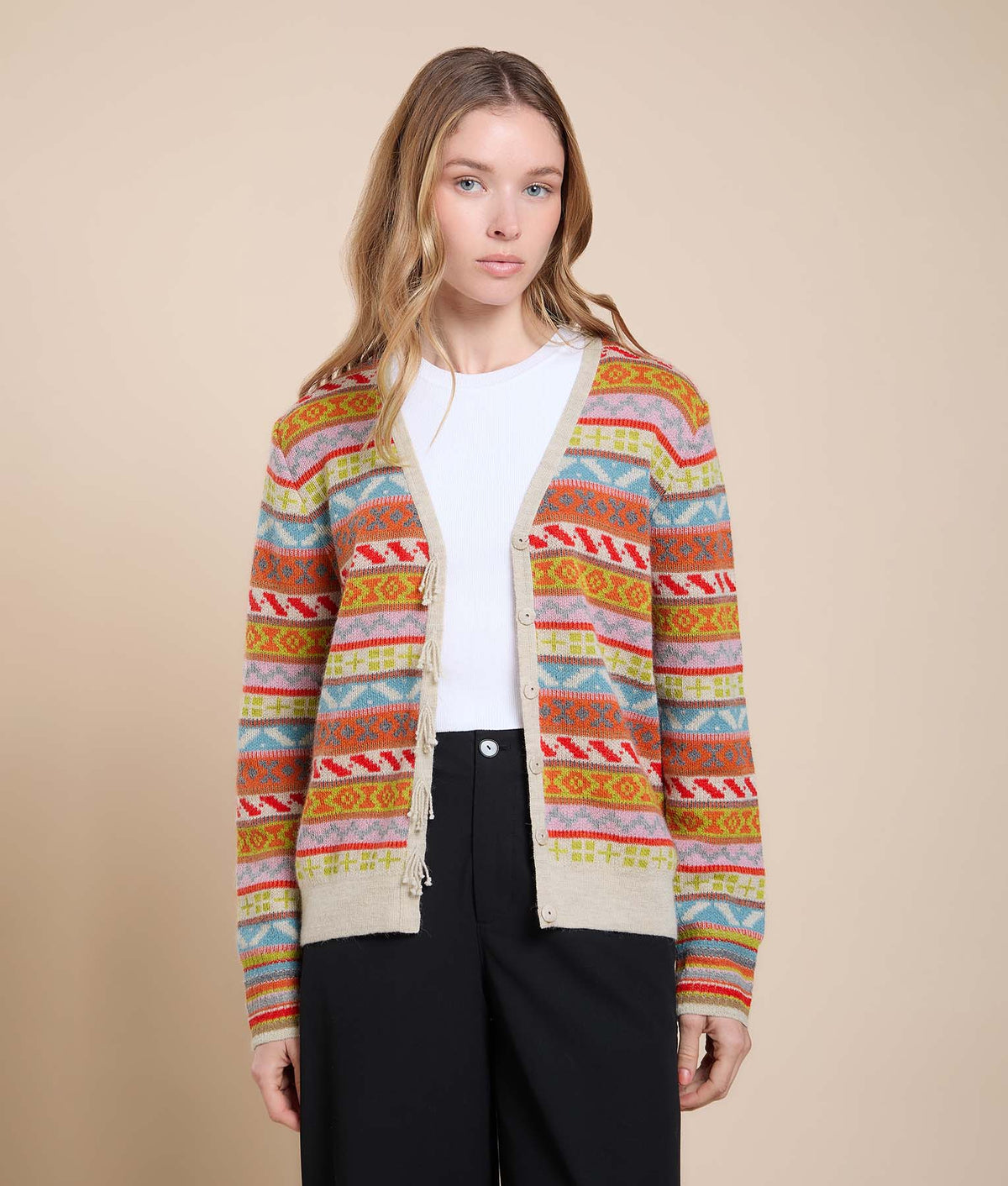 Jacquard Cardigan with Fringe Details