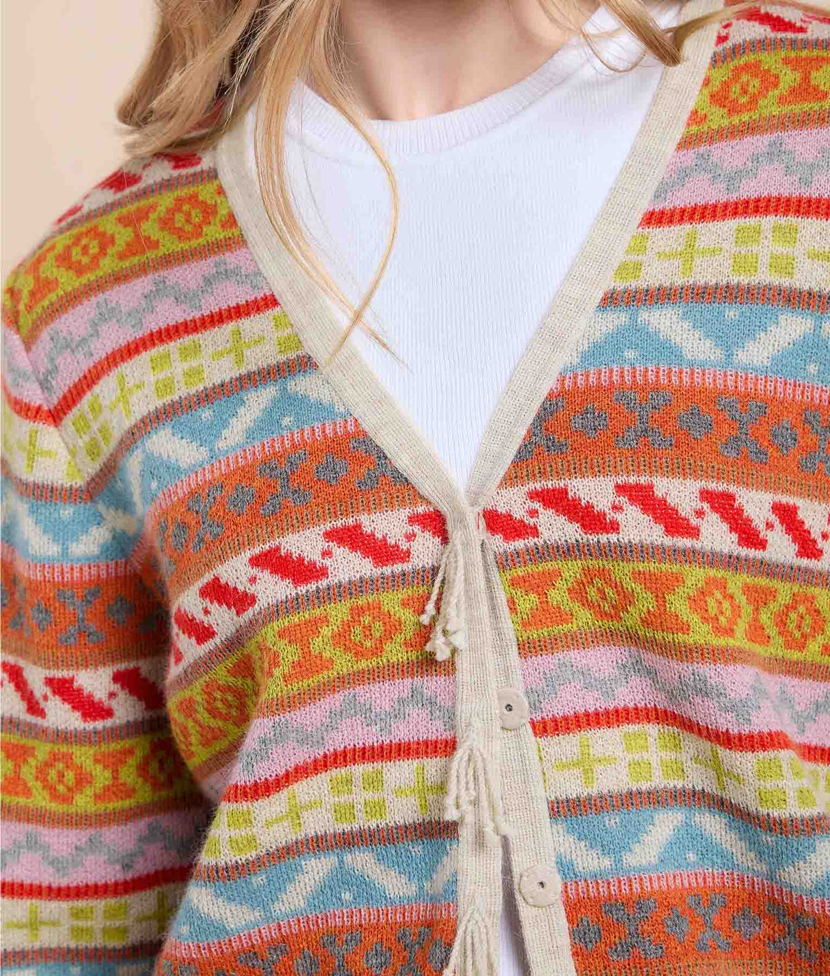 Jacquard Cardigan with Fringe Details