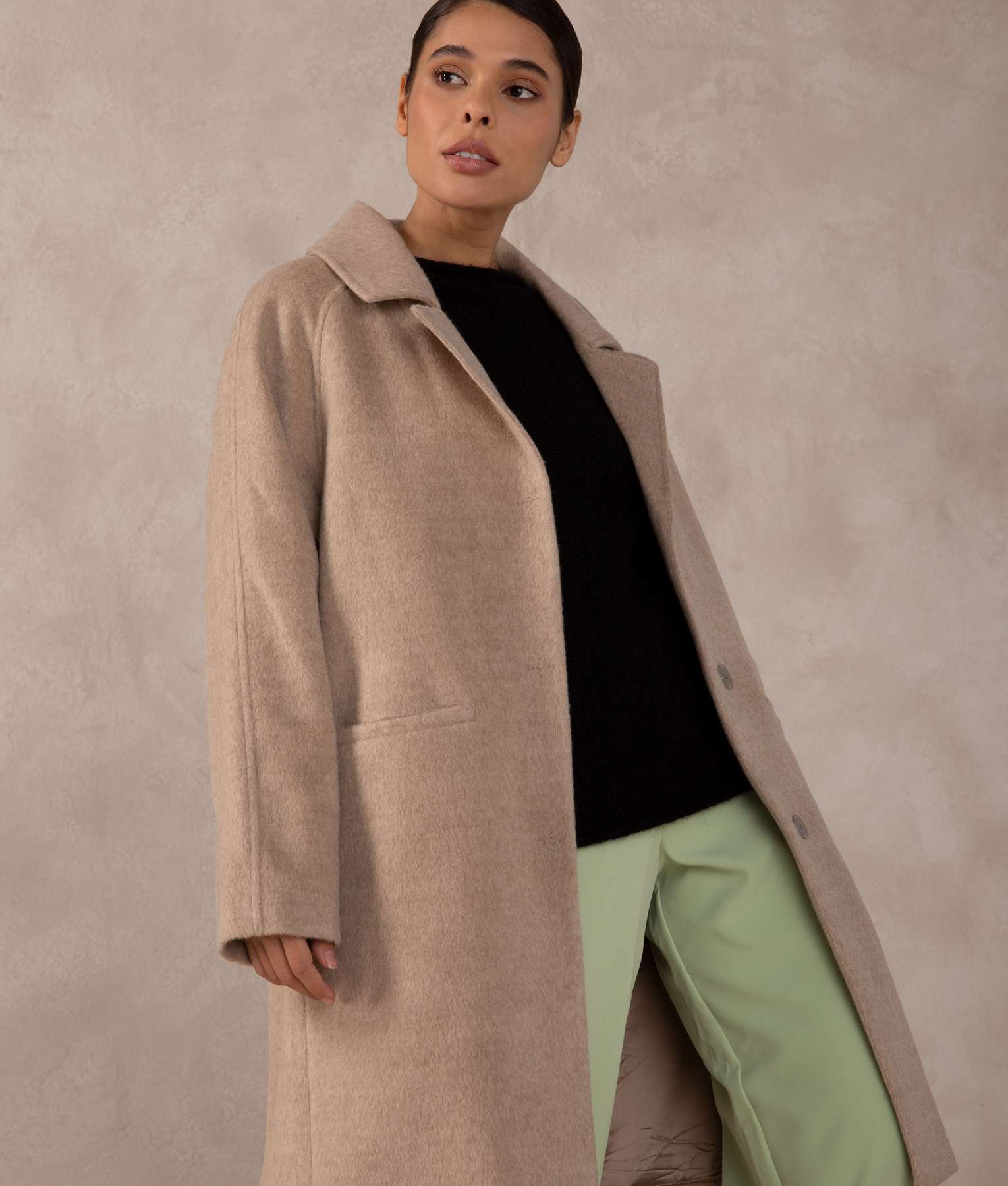 Sand Curved Yoke Long Baby Alpaca & Wool Overcoat